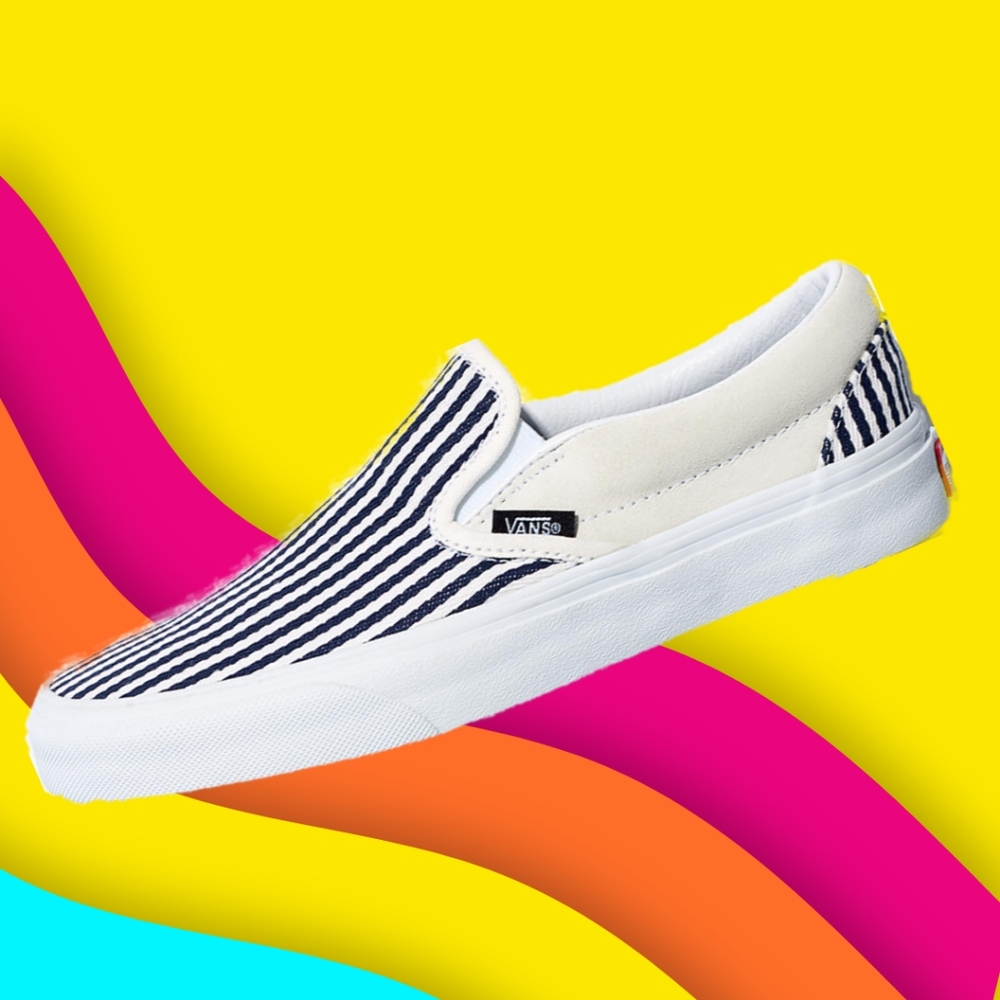 Vans Classic Slip-on Denim Blue Off White Stripes Suede Canvas Men's Size 10